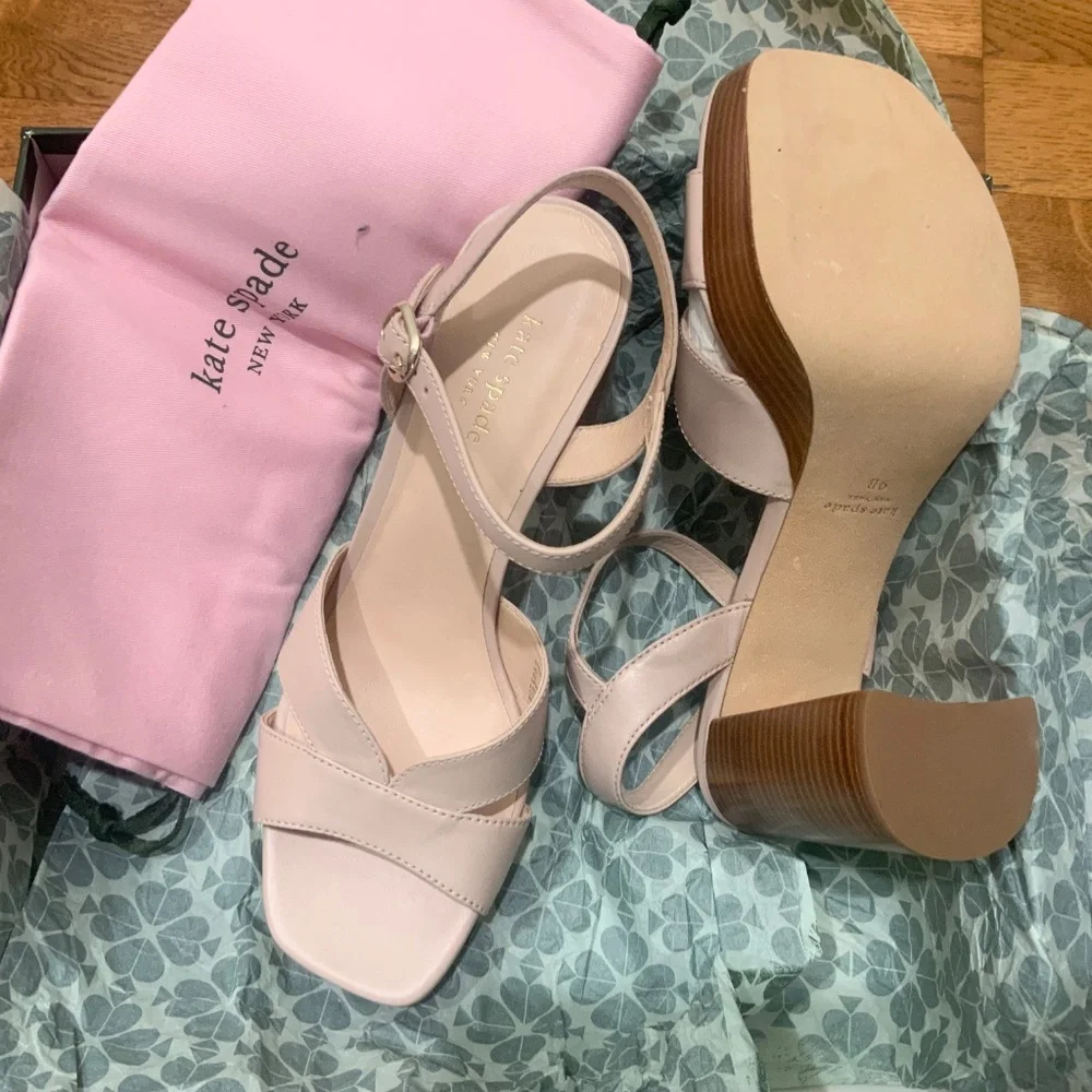 Kate Spade Delight Nude Leather Platform Heels Block Heel Ankle Strap Sandals 9